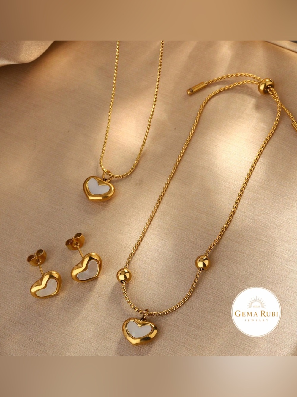 Gold Heart Pendant Necklace, Earring and bracelet Set - White Inlay